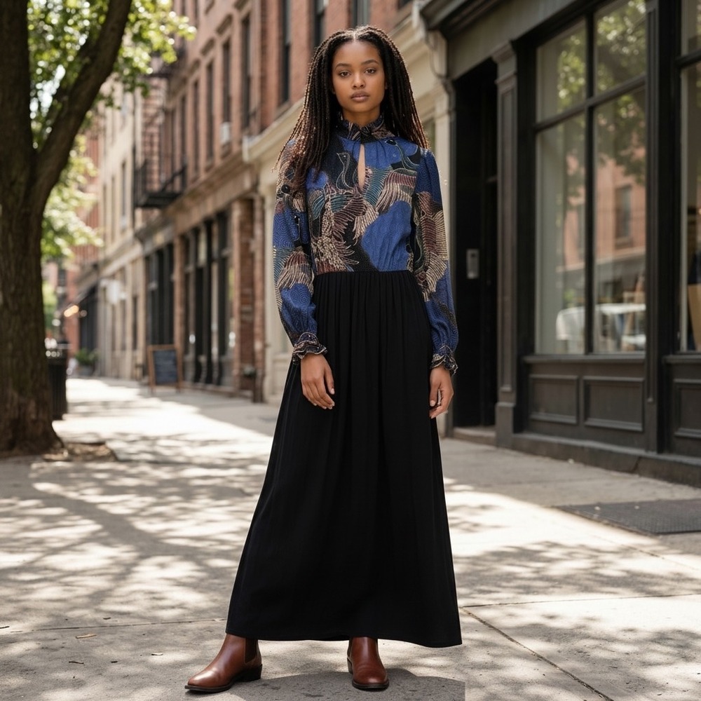 Leonard Fashion Paris Vintage Maxi Dress Blue Bird Print Ruffle Neck Made France